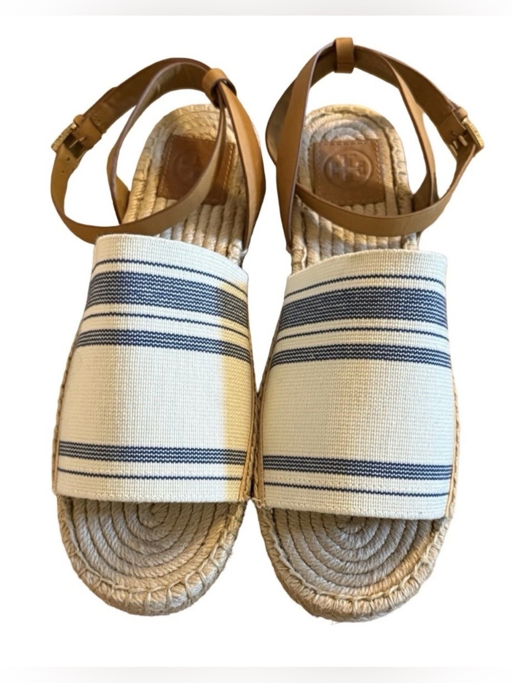 Tory Burch Cream and Navy Striped Espadrille Sandals with Tan Ankle Straps